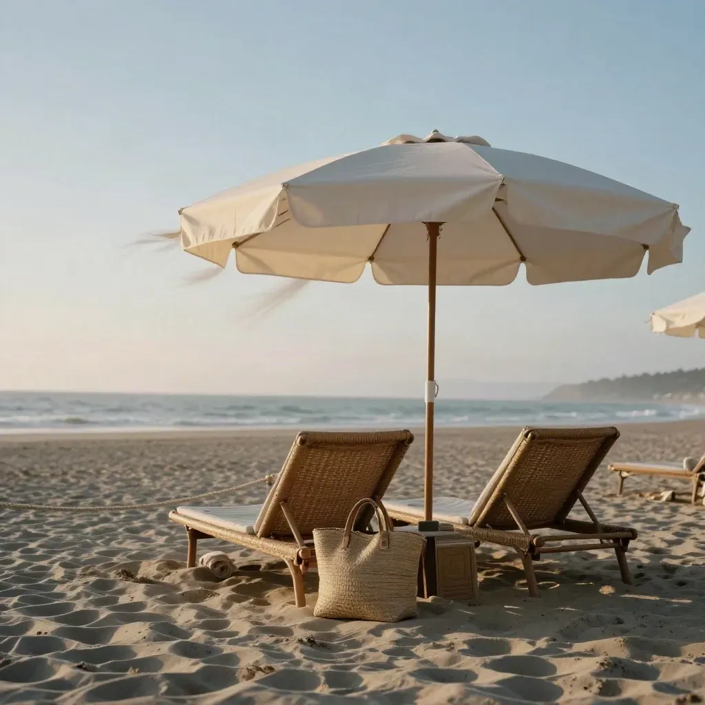 Ombrellone écru e due lettini sulla spiaggia vuota all’alba, con borsa intrecciata e mare sullo sfondo.