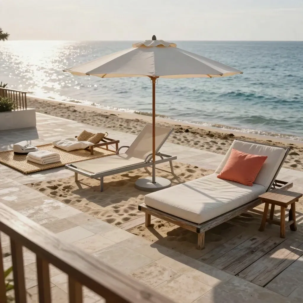 Tre postazioni spiaggia su terrazza assolata: stuoia, lettino e chaise longue verso il mare.