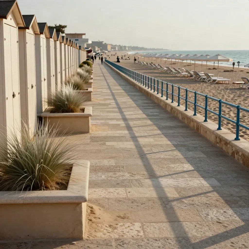 Lungomare di Riccione con cabine, fioriere e accesso alla spiaggia in luce cinematica