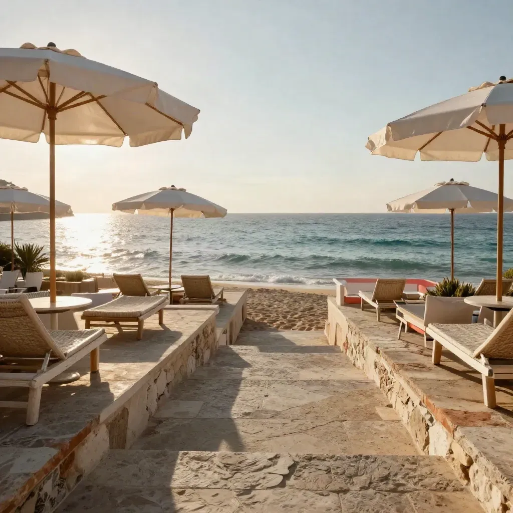 Terrazza in pietra di un lido salentino con ombrelloni chiari e mare turchese al tramonto