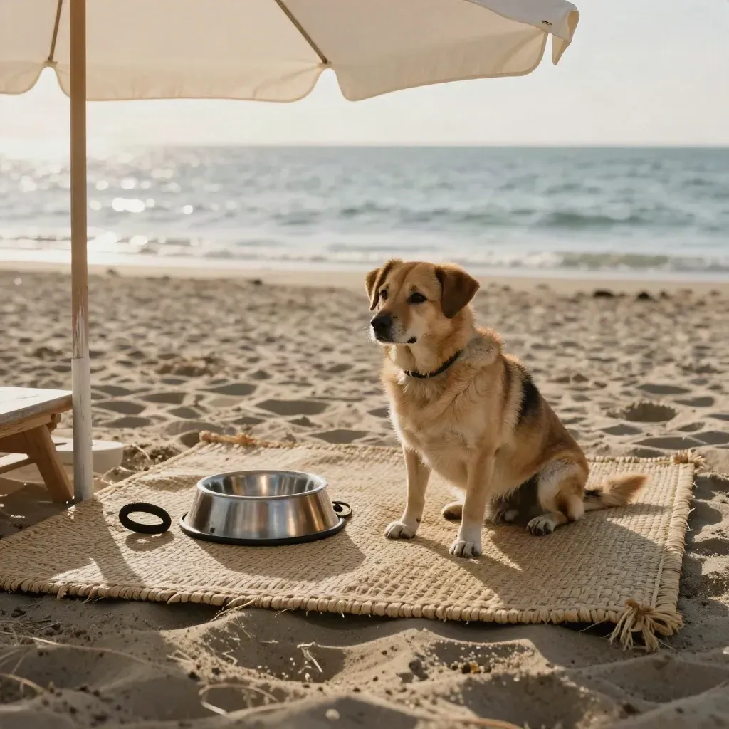 Cane sdraiato su stuoia in un lido pet-friendly, con ciotola e mare calmo sullo sfondo.