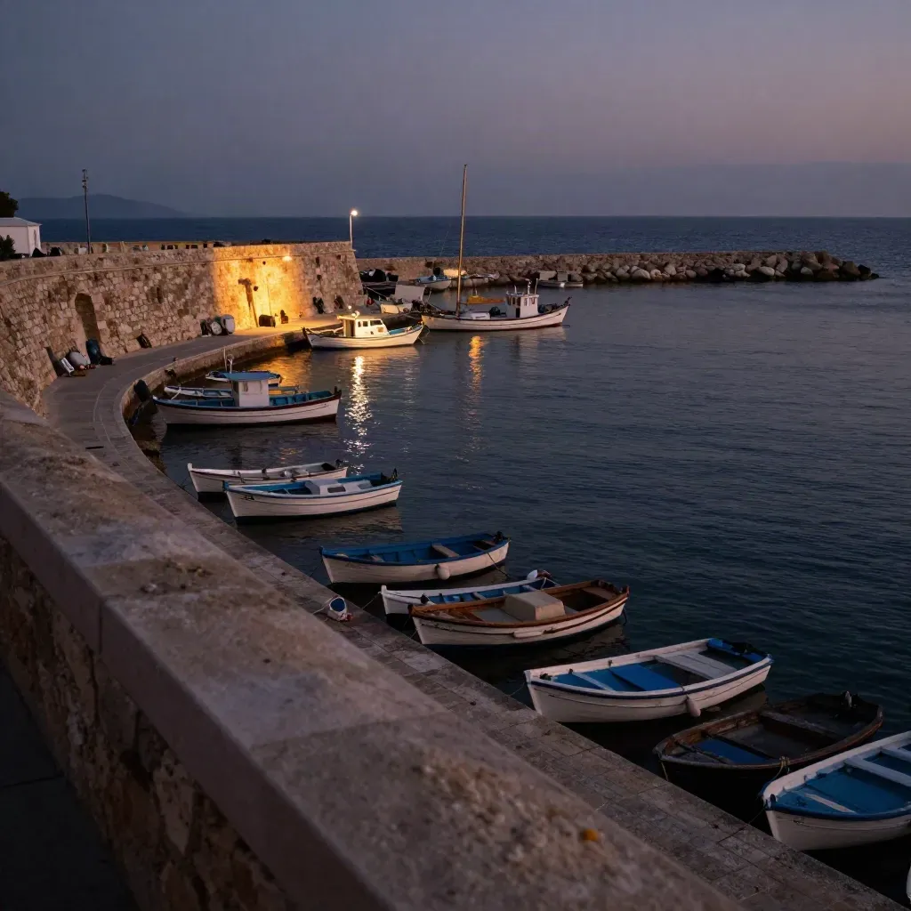 Vista alta del waterfront di Gallipoli al tramonto con barche, muretti in pietra e luci accese.