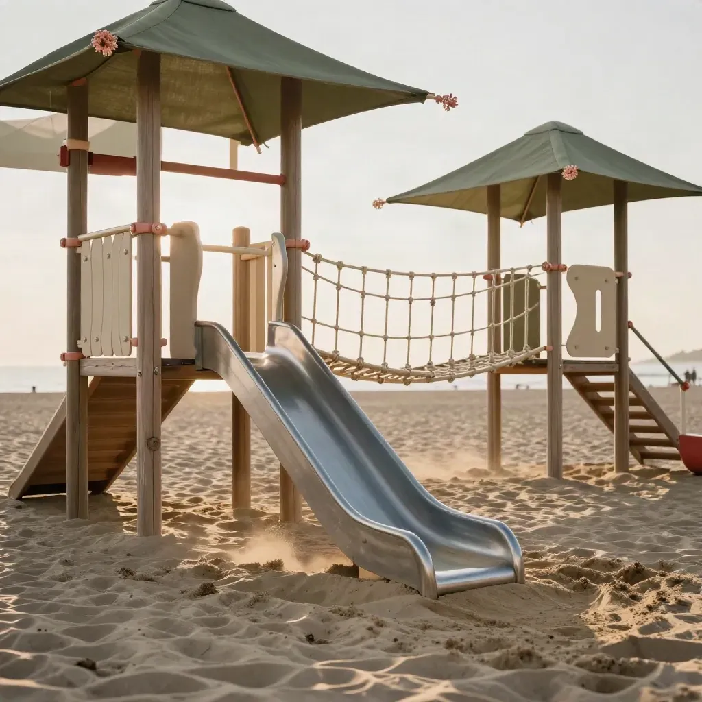 Parco giochi in spiaggia con ponte di corda, scivolo e sabbiera sotto vele mosse dal vento