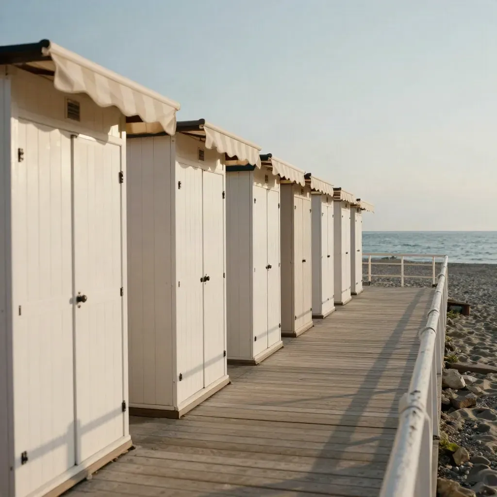 Cabine balneari liguri, tende a righe e ringhiera bianca sul lungomare, mare calmo.