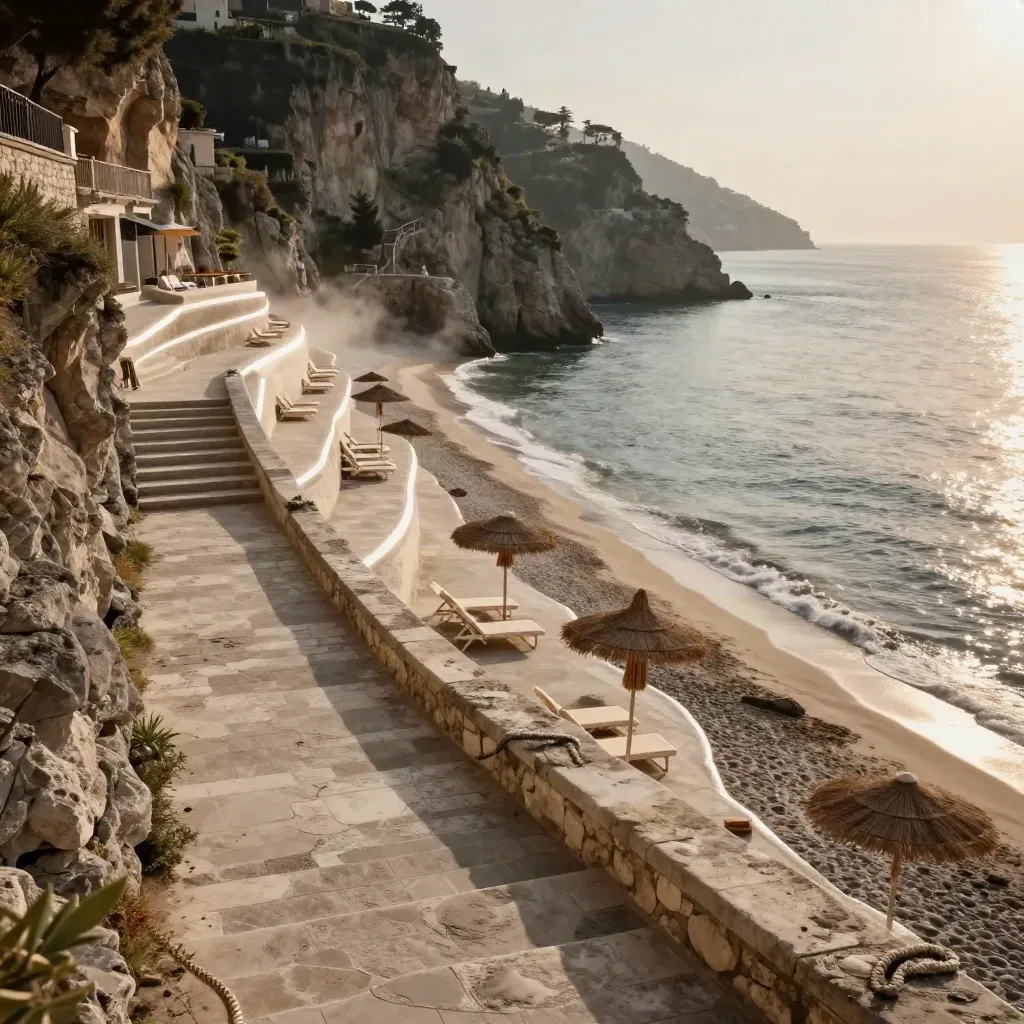 Terrazze di spiaggia a Sorrento sotto le scogliere, con scale, lettini e mare in basso