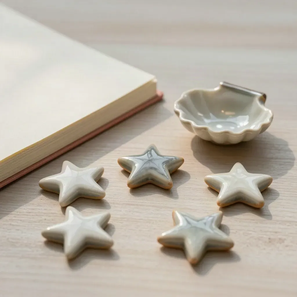 Cinque stelle in ceramica, notebook in lino e ciotola a conchiglia